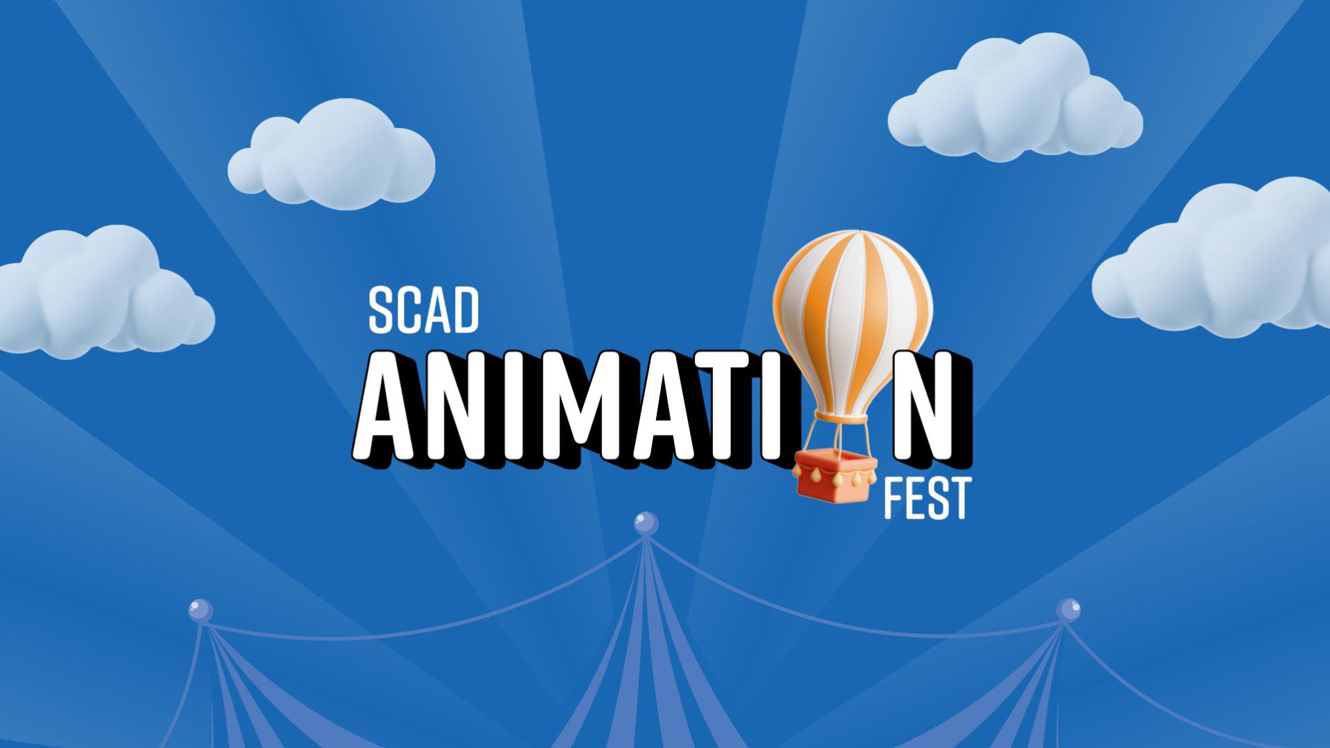 AnimationFest text with hot air balloon and clouds.